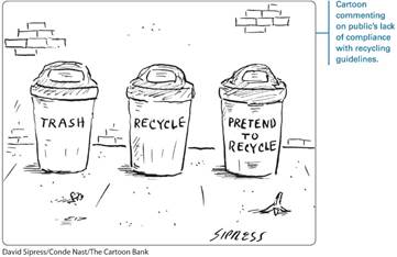 A David Sipress’s cartoon shows three trash cans placed next to each other.