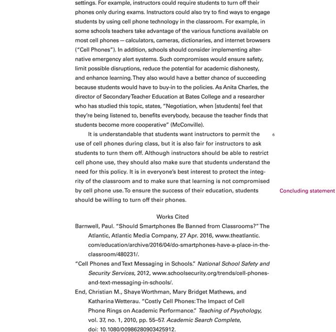 The continuation of the essay, from the previous page, with annotations in parentheses.