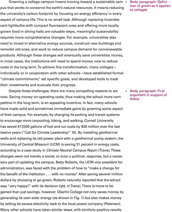 The continuation of students essay with annotations in parentheses.