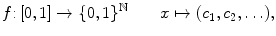 $$ f{:}\,[0,1]\rightarrow \{0,1\}^\mathbb {N}\qquad x\mapsto (c_1,c_2,\ldots ), $$