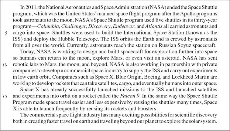 In 2011, the National Aeronautics and Space Administration (NASA) ended the Space Shuttle program, which was the United States’ manned space flight program after the Apollo programs took astronauts to the moon. NASA’s Space Shuttle program used five shuttles in its thirty-year program—Columbia, Challenger, Discovery, Endeavor, and Atlantis all carried astronauts and cargo into space. Shuttles were used to build the International Space Station (known as the ISS) and deploy the Hubble Telescope. The ISS orbits the Earth and is crewed by astronauts from all over the world. Currently, astronauts reach the station on Russian Soyuz spacecraft. Today, NASA is working to design and build spacecraft for exploration further into space so humans can return to the moon, explore Mars, or even visit an asteroid. NASA has sent robotic labs to Mars, the moon, and beyond. NASA is also working in partnership with private companies to develop a commercial space industry to supply the ISS and carry out experiments in low earth orbit. Companies such as Space X, Blue Origin, Boeing, and Lockheed Martin are working to develop rockets that can take satellites, cargo, and eventually humans into outer space. Space X has already successfully launched missions to the ISS and launched satellites and experiments into orbit on a rocket called the Falcon 9. In the same way the Space Shuttle Program made space travel easier and less expensive by reusing the shuttles many times, Space X is able to launch frequently by reusing its rockets and boosters. The commercial space flight industry has many exciting possibilities for scientific discovery both in creating faster travel on earth and traveling beyond our planet to explore the solar system.
