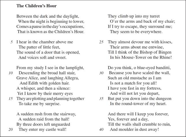 The Children’s Hour Between the dark and the daylight, When the night is beginning to lower, Comes a pause in the day’s occupations, That is known as the Children’s Hour. I hear in the chamber above me The patter of little feet, The sound of a door that is opened, And voices soft and sweet. From my study I see in the lamplight, Descending the broad hall stair, Grave Alice, and laughing Allegra, And Edith with golden hair. A whisper, and then a silence: Yet I know by their merry eyes They are plotting and planning together To take me by surprise. A sudden rush from the stairway, A sudden raid from the hall! By three doors left unguarded They enter my castle wall! They climb up into my turret O’er the arms and back of my chair; If I try to escape, they surround me; They seem to be everywhere. They almost devour me with kisses, Their arms about me entwine, Till I think of the Bishop of Bingen In his Mouse-Tower on the Rhine! Do you think, o blue-eyed banditti, Because you have scaled the wall, Such an old mustache as I am Is not a match for you all! I have you fast in my fortress, And will not let you depart, But put you down into the dungeon In the round-tower of my heart. And there will I keep you forever, Yes, forever and a day, Till the walls shall crumble to ruin, And moulder in dust away!