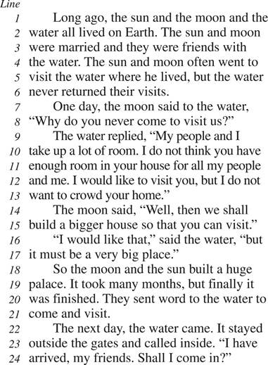 Long ago, the sun and the moon and the water all lived on Earth. The sun and moon were married and they were friends with the water. The sun and moon often went to visit the water where he lived, but the water never returned their visits. One day, the moon said to the water, “Why do you never come to visit us?” The water replied, “My people and I take up a lot of room. I do not think you have enough room in your house for all my people and me. I would like to visit you, but I do not want to crowd your home.” The moon said, “Well, then we shall build a bigger house so that you can visit.” “I would like that,” said the water, “but it must be a very big place.” So the moon and the sun built a huge palace. It took many months, but finally it was finished. They sent word to the water to come and visit. The next day, the water came. It stayed outside the gates and called inside. “I have arrived, my friends. Shall I come in?”