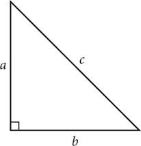 A right triangle with the two shorter sides labeled A and B and the longest side labeled C. The two shorter sides meet at a 90 degree angle. The longest side is across from the 90 degree angle.