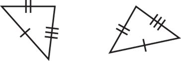 Two congruent triangles. One side of each triangle is marked with one tick mark; a second side of each triangle is marked with two ticks mark; a third side of each triangle is marked with three ticks mark.