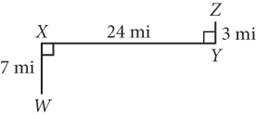 A path consisting of three connected line segments. The path begins at point W and goes 7 miles directly north to point X. The path then goes from point X directly east for 24 miles to point Y. Finally, the path goes from point Y directly north again for 3 miles to point Z.