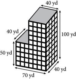 A building that is composed of two rectangular prisms. The shorter prism on the left has height 50 yards and width 40 yards. The taller prism on the right has height 100 yards, width 40 yards, and length 40 yards. The length along the front of the whole building, which includes both prisms is 70 yards.